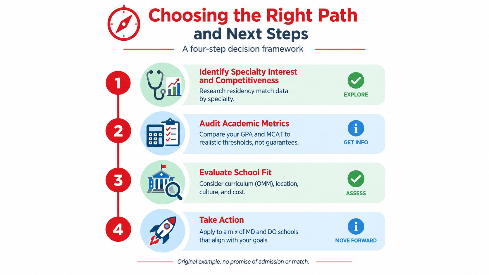 A four-step decision framework infographic for choosing a medical school path between MD and DO programs.