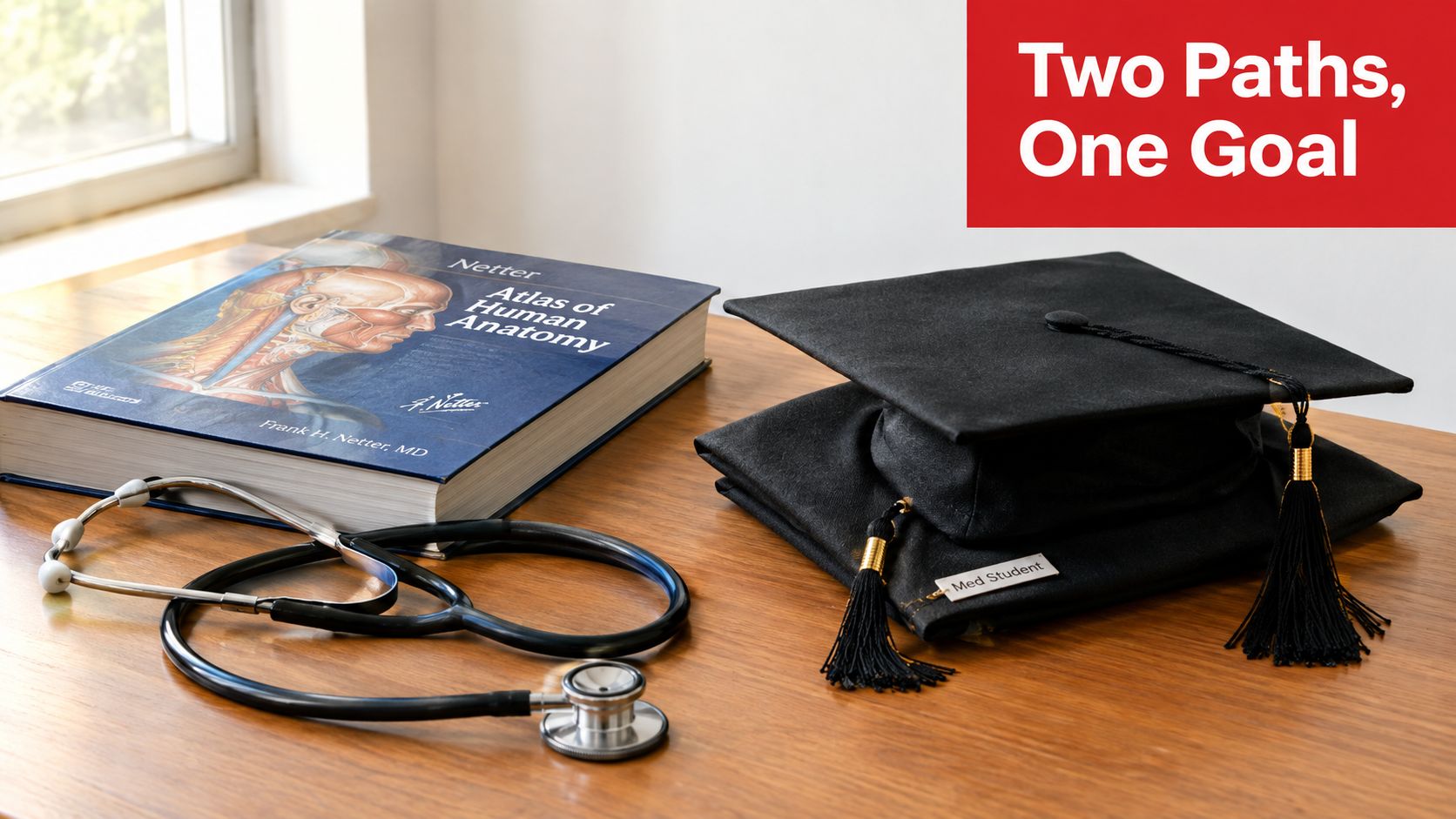A textbook on human anatomy, a stethoscope, and a graduation cap representing medical education success.