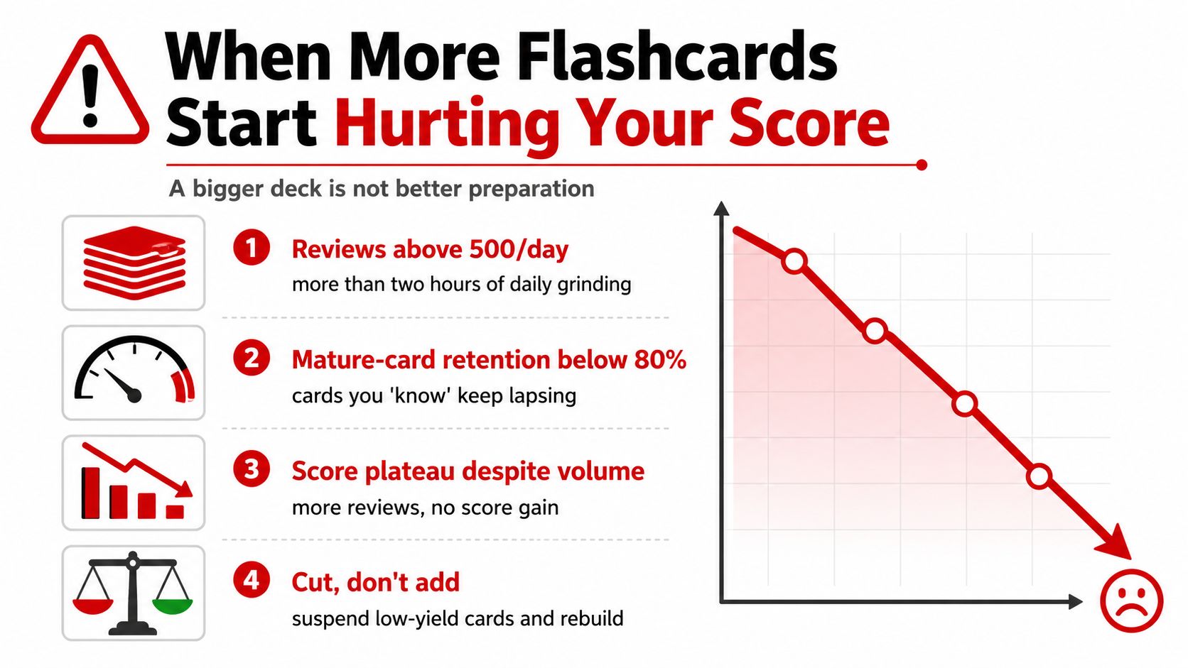 An infographic illustrating four signs that excessive flashcard usage is negatively impacting student exam preparation performance.