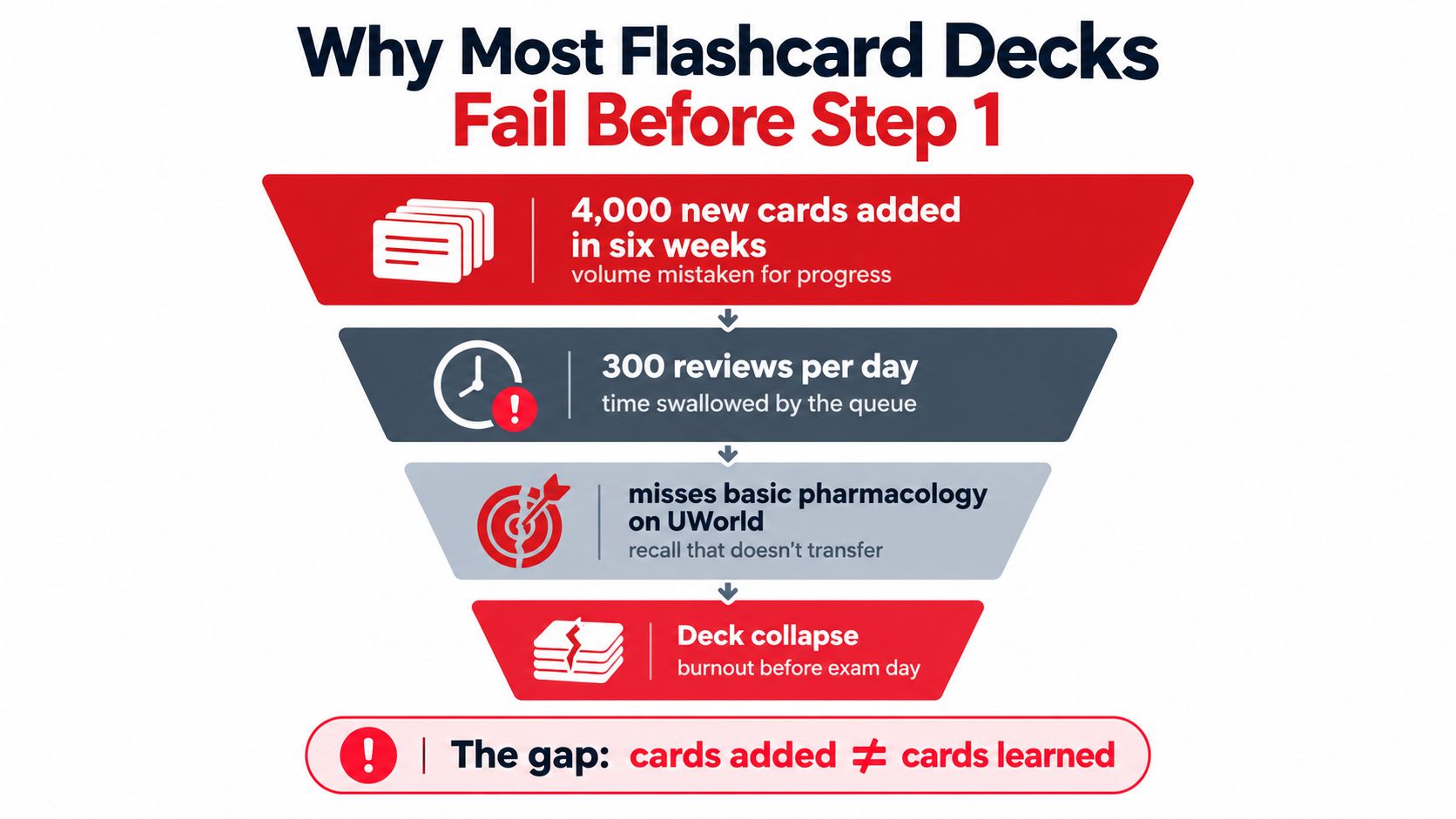 A funnel diagram explaining why flashcard study habits fail due to excessive volume and lack of retention.