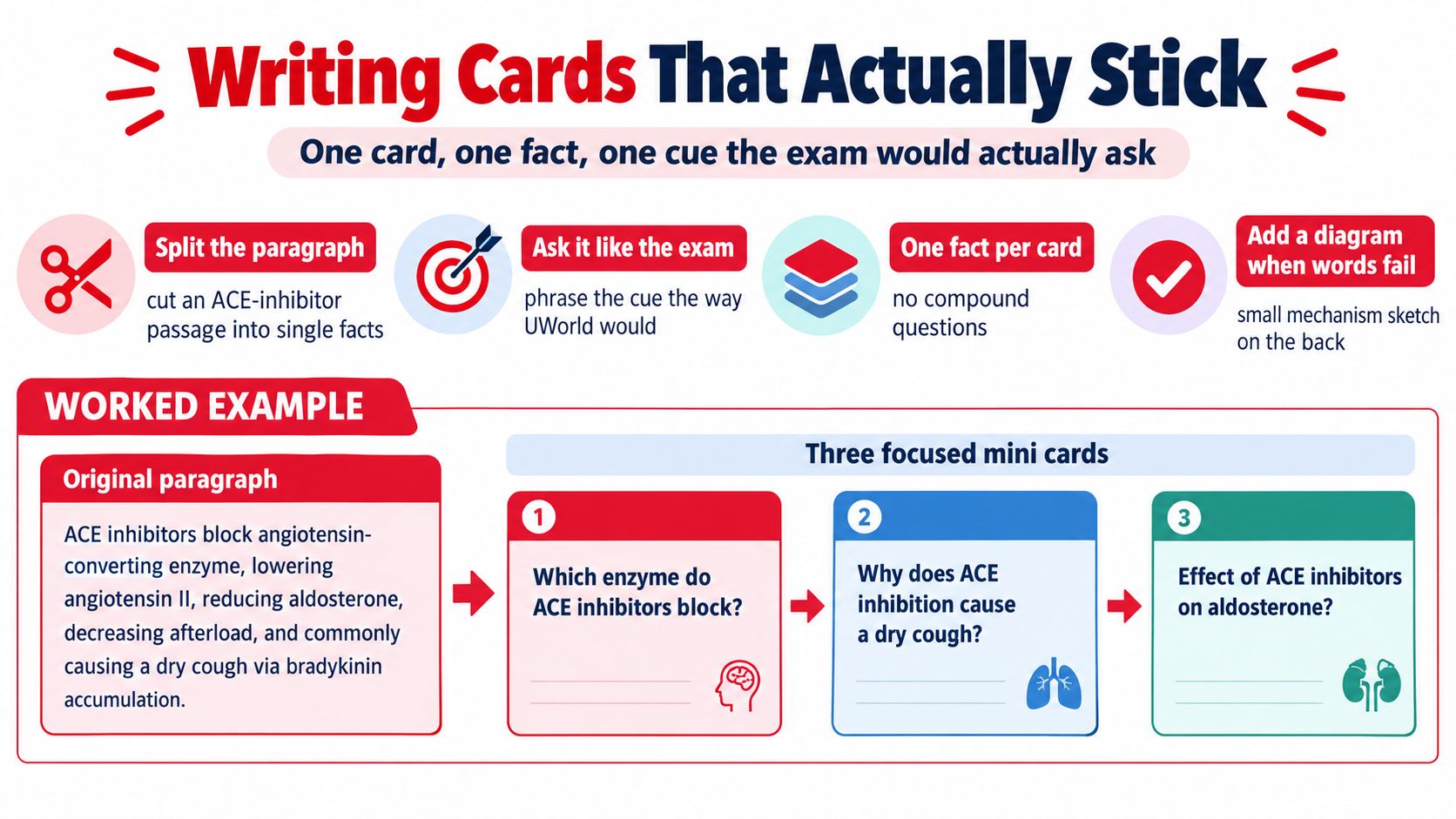 An infographic titled Writing Cards That Actually Stick, illustrating how to create effective, single-fact educational flashcards.