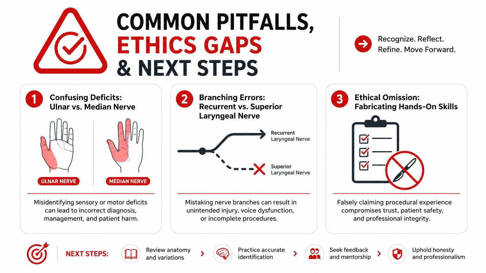 A medical infographic explaining common pitfalls in human anatomy, including nerve identification errors and the ethics of professional honesty.