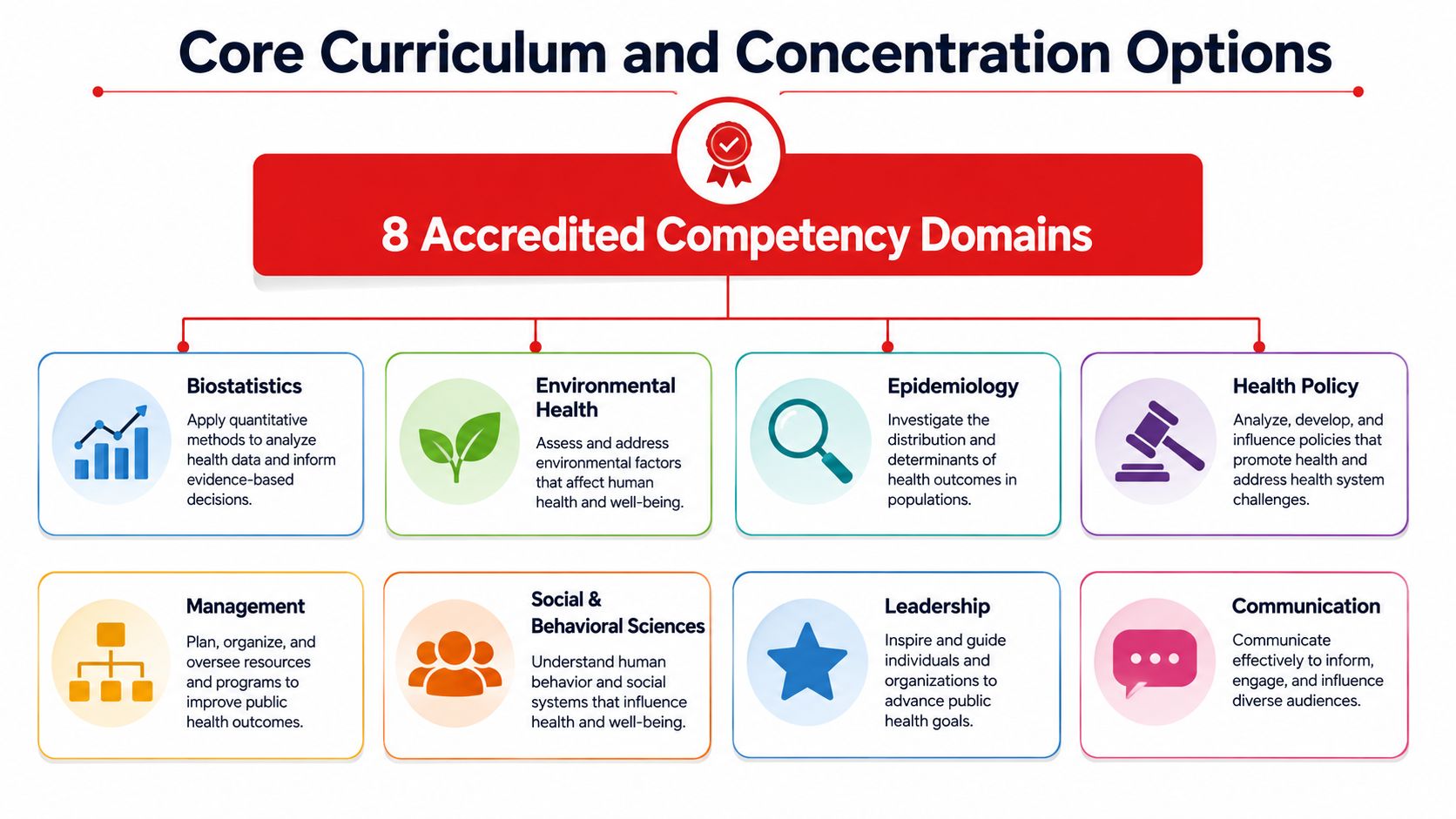 A diagram outlining the eight core accredited competency domains in a Master of Public Health curriculum.