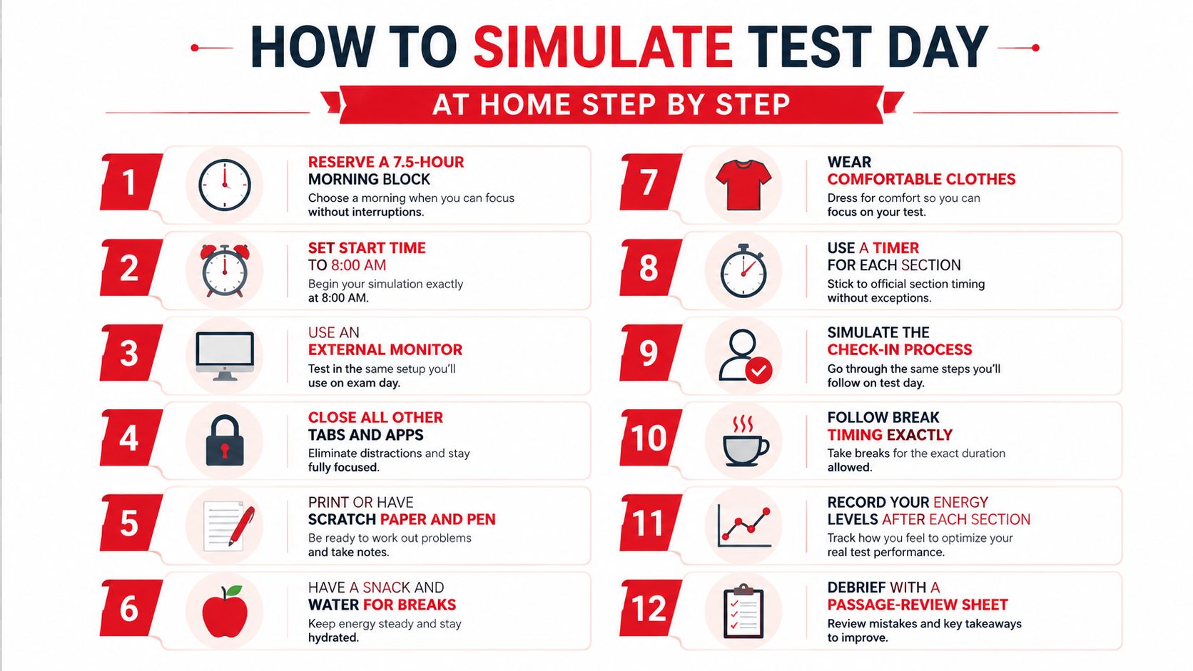 A step-by-step infographic titled How to Simulate Test Day at Home for exam preparation.