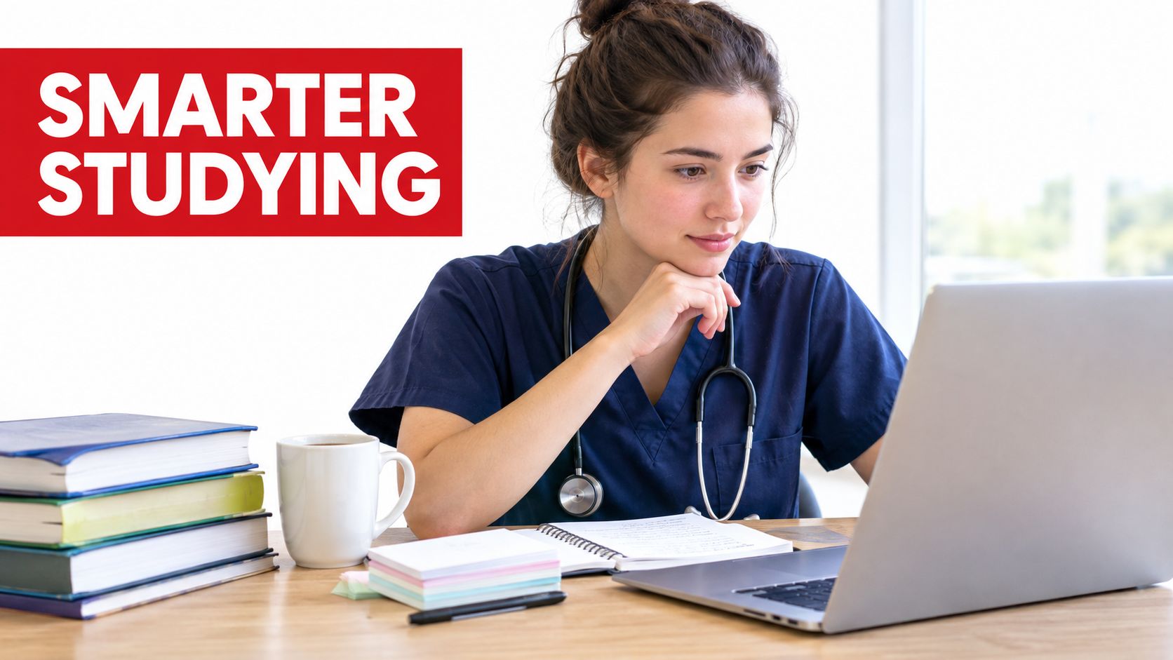 A focused nursing student wearing a stethoscope sits at a desk studying on her laptop.