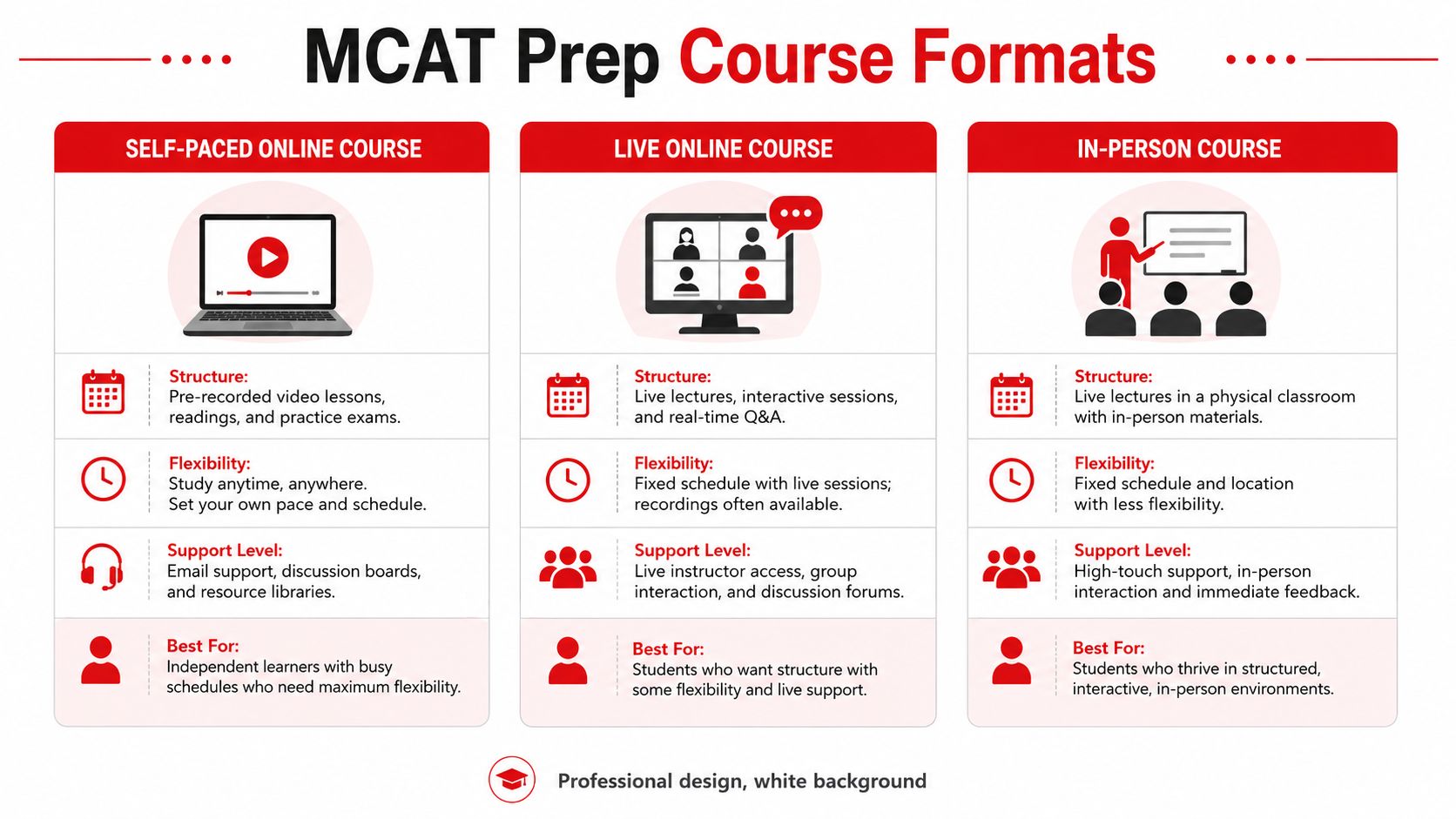 A comparison chart outlining three MCAT prep course formats: self-paced online, live online, and in-person instruction.