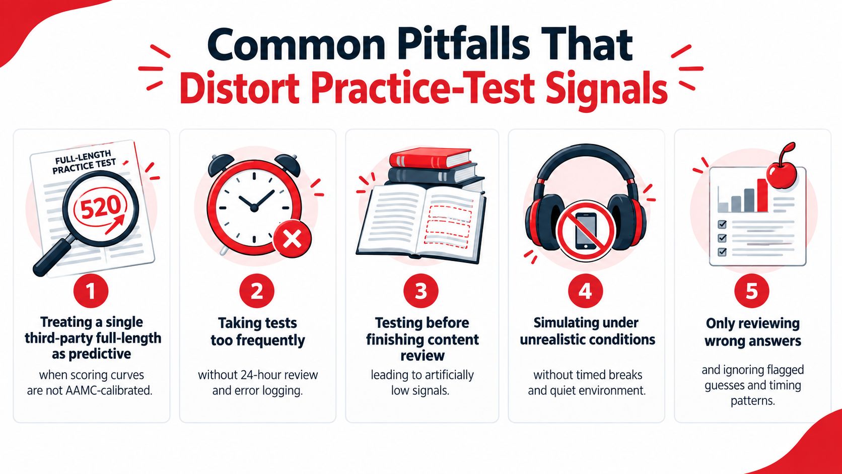 An infographic titled Common Pitfalls That Distort Practice-Test Signals listing five mistakes students make during exam preparation.
