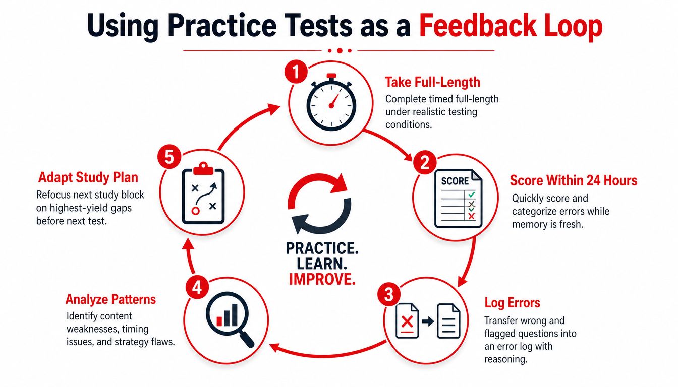 A five-step feedback loop diagram explaining how to use practice tests to improve study performance and efficiency.