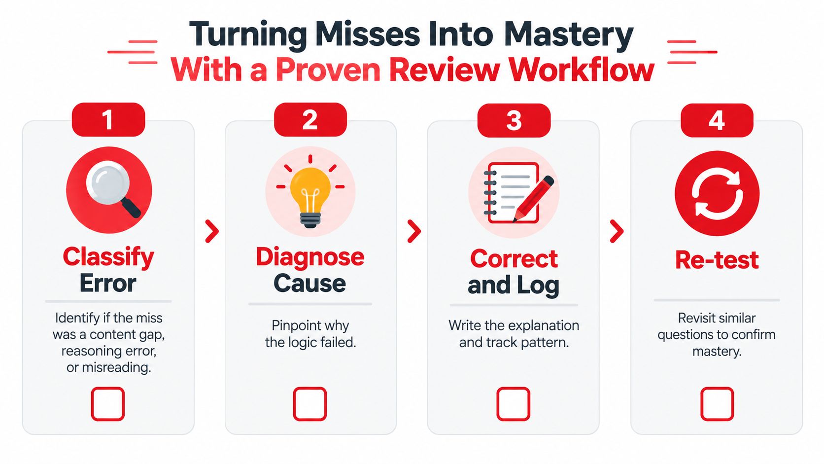A four-step workflow infographic titled Turning Misses Into Mastery detailing how to analyze and improve on practice questions.