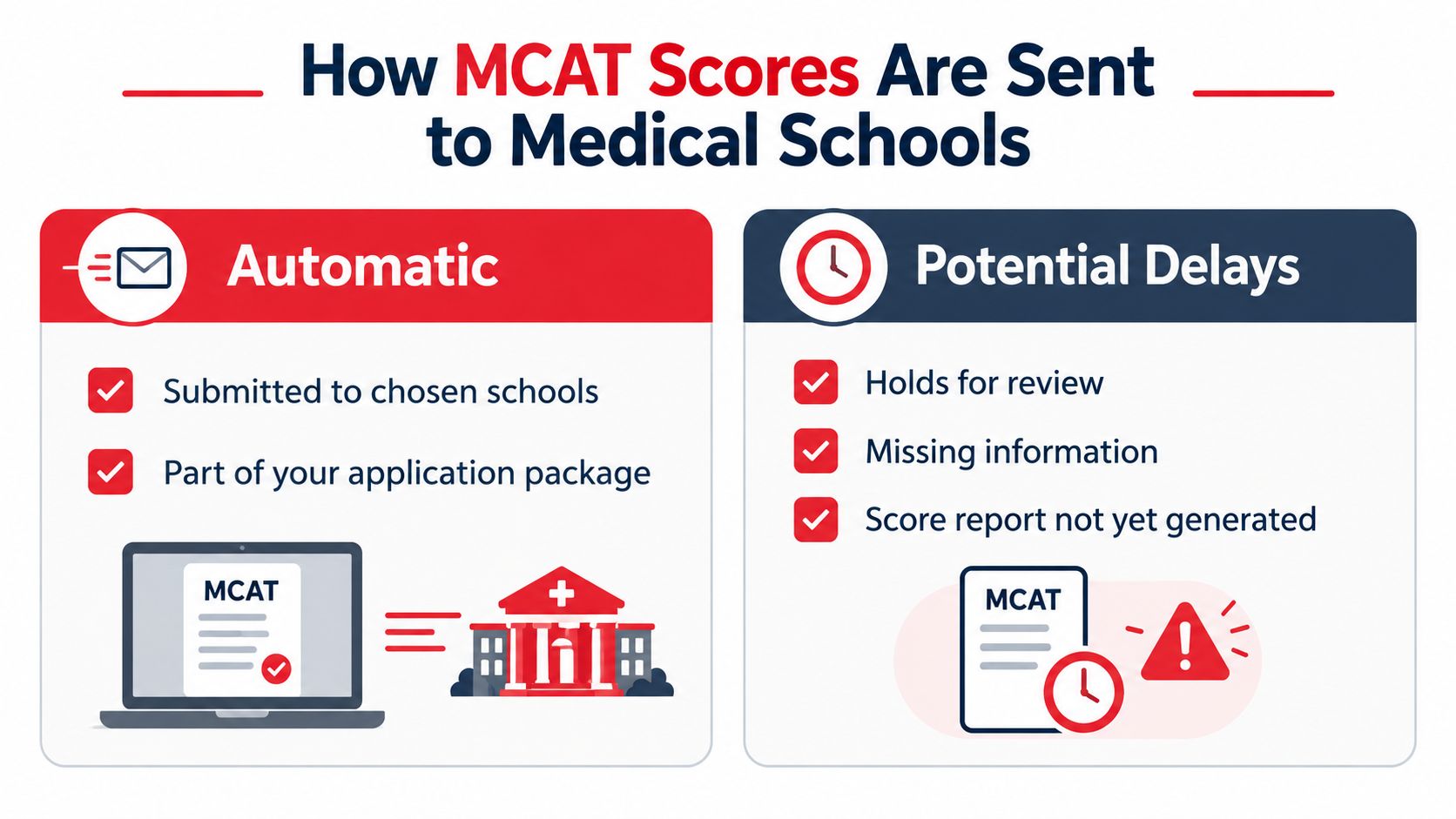 An infographic explaining how MCAT scores are automatically sent to medical schools with potential causes for delays.