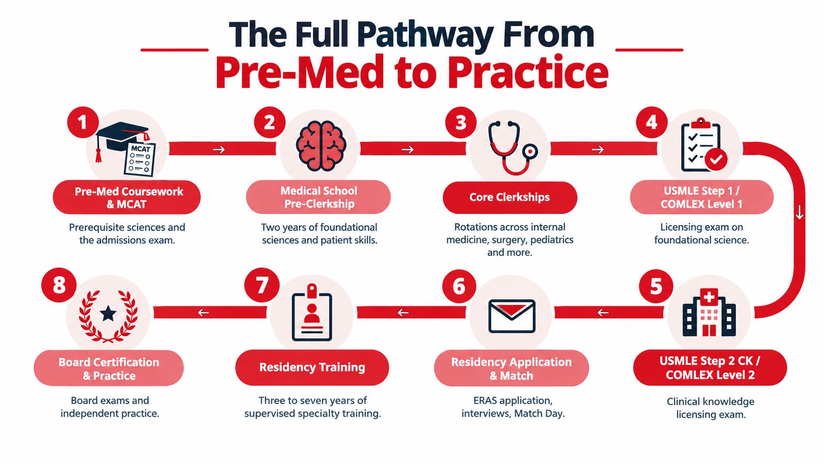 An infographic showing the 8-step pathway from pre-med undergraduate coursework to independent medical practice and certification.