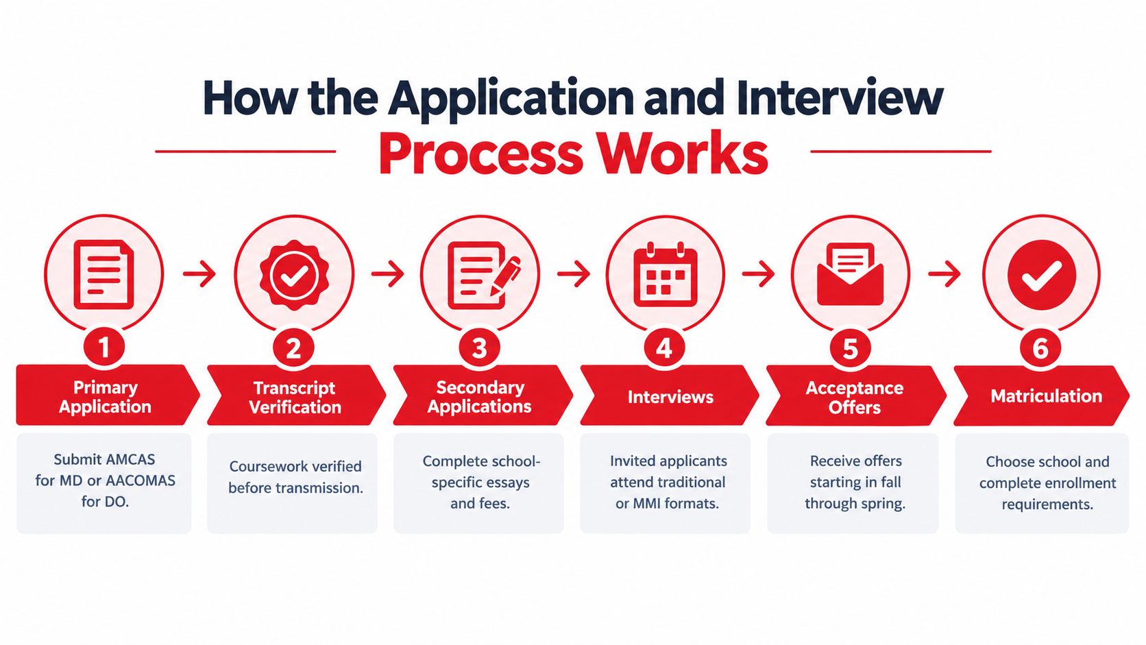 A six-step infographic detailing the medical school application process, from primary application to final matriculation.