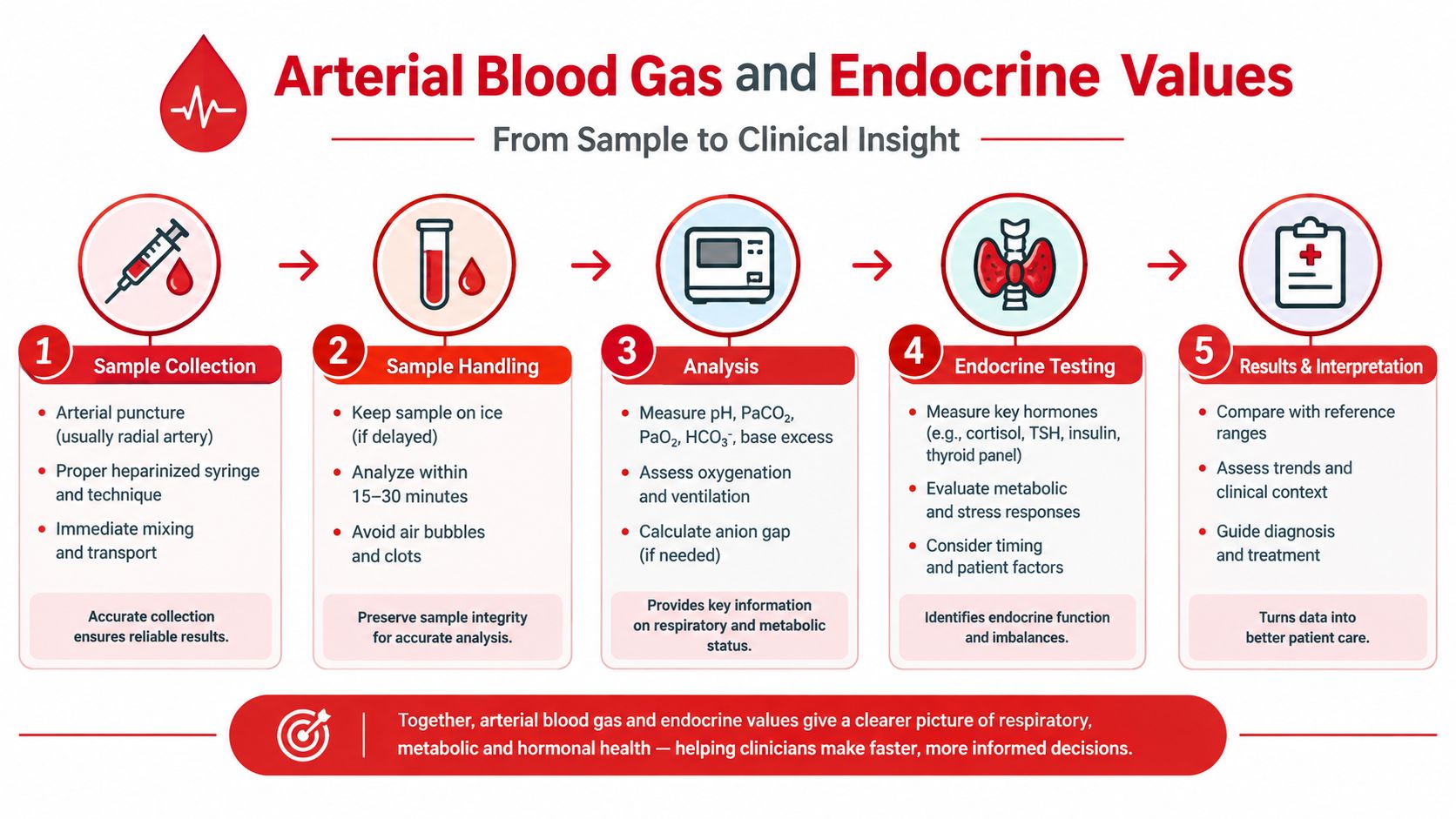 A five-step flowchart illustrating the process of arterial blood gas and endocrine diagnostic testing.
