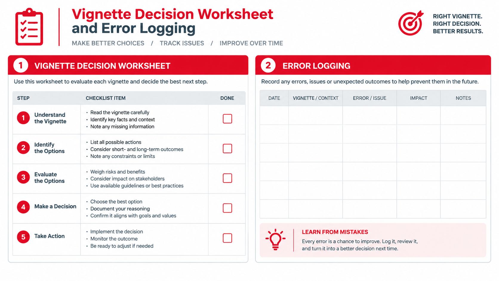 A worksheet titled Vignette Decision Worksheet and Error Logging featuring a five-step decision-making checklist and an error-tracking table.