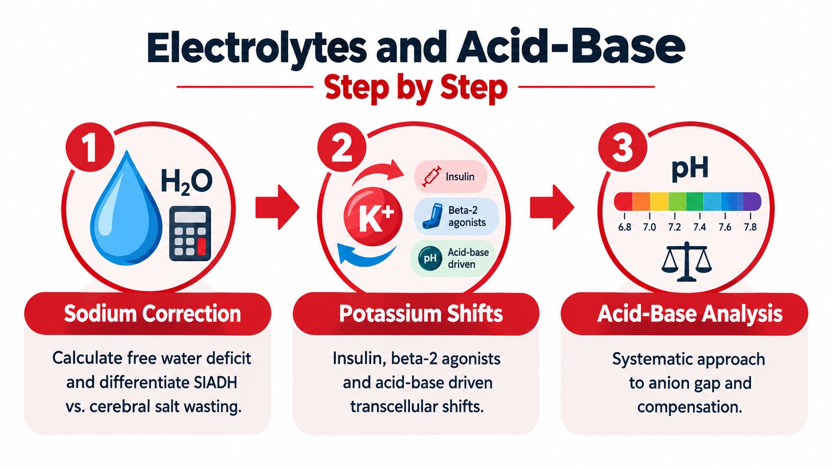 An infographic showing a three-step systematic approach to analyzing electrolytes and acid-base disturbances in medicine.