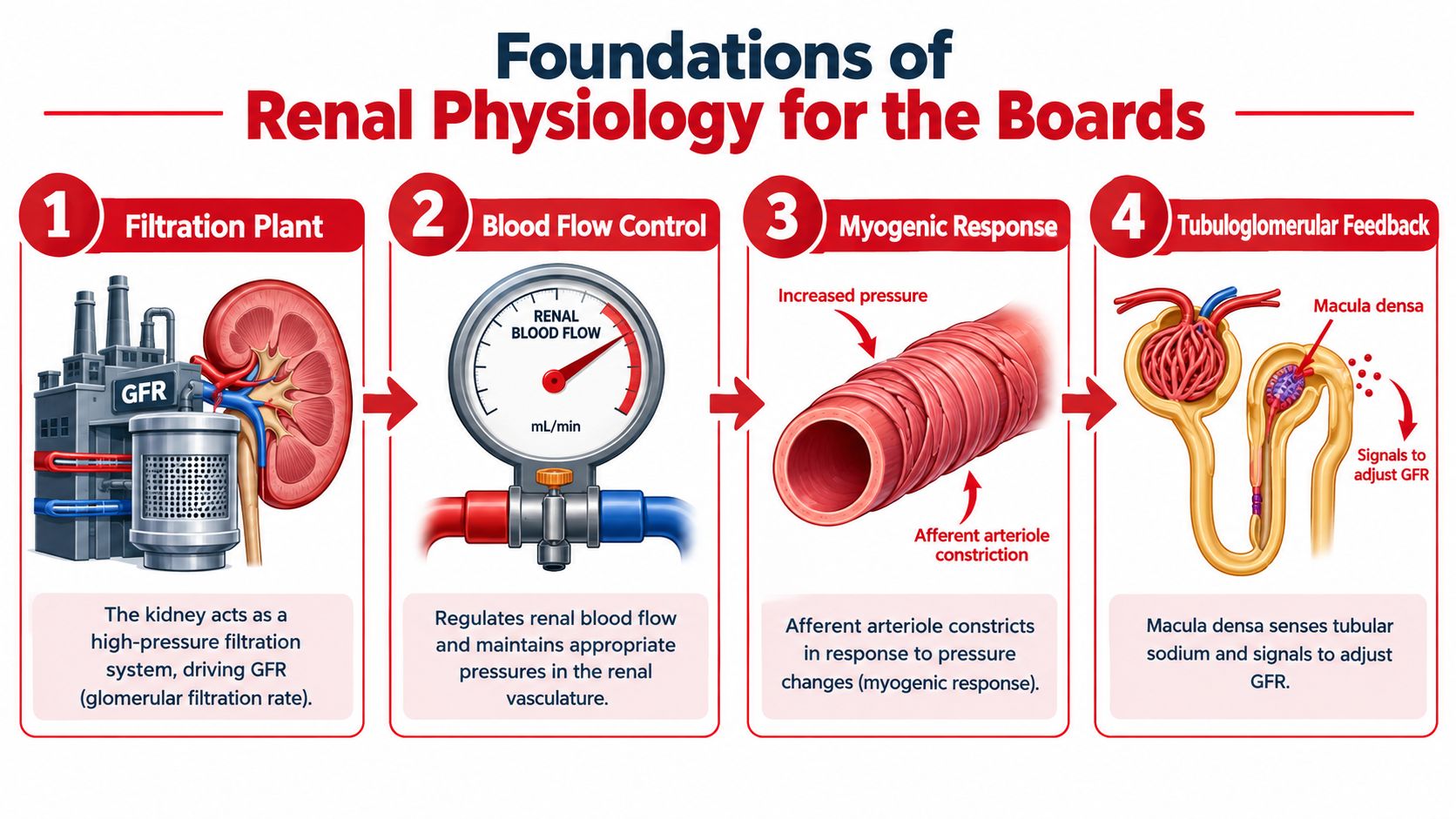 An educational infographic explaining the four foundations of renal physiology, including filtration, blood flow control, and GFR regulation.