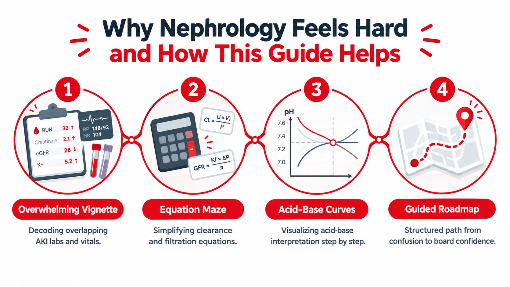 A four-step infographic illustrating why nephrology is challenging and how a guided study roadmap simplifies the topic.