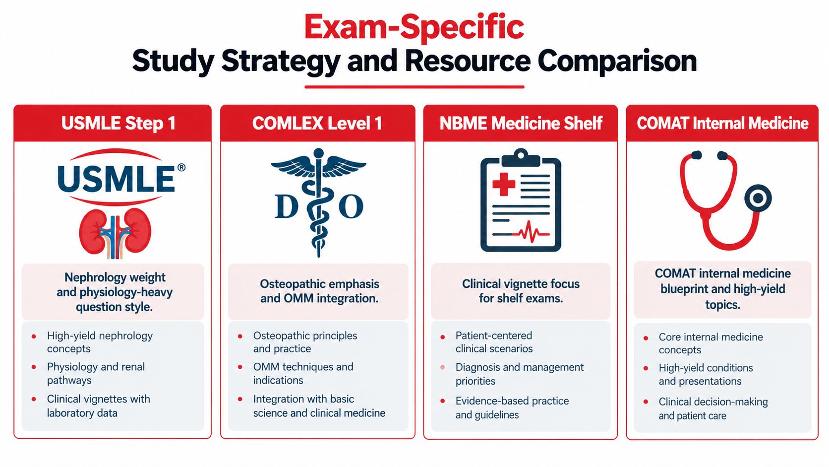 A comparison chart outlining study strategies and key focus areas for USMLE Step 1, COMLEX Level 1, Shelf, and COMAT exams.