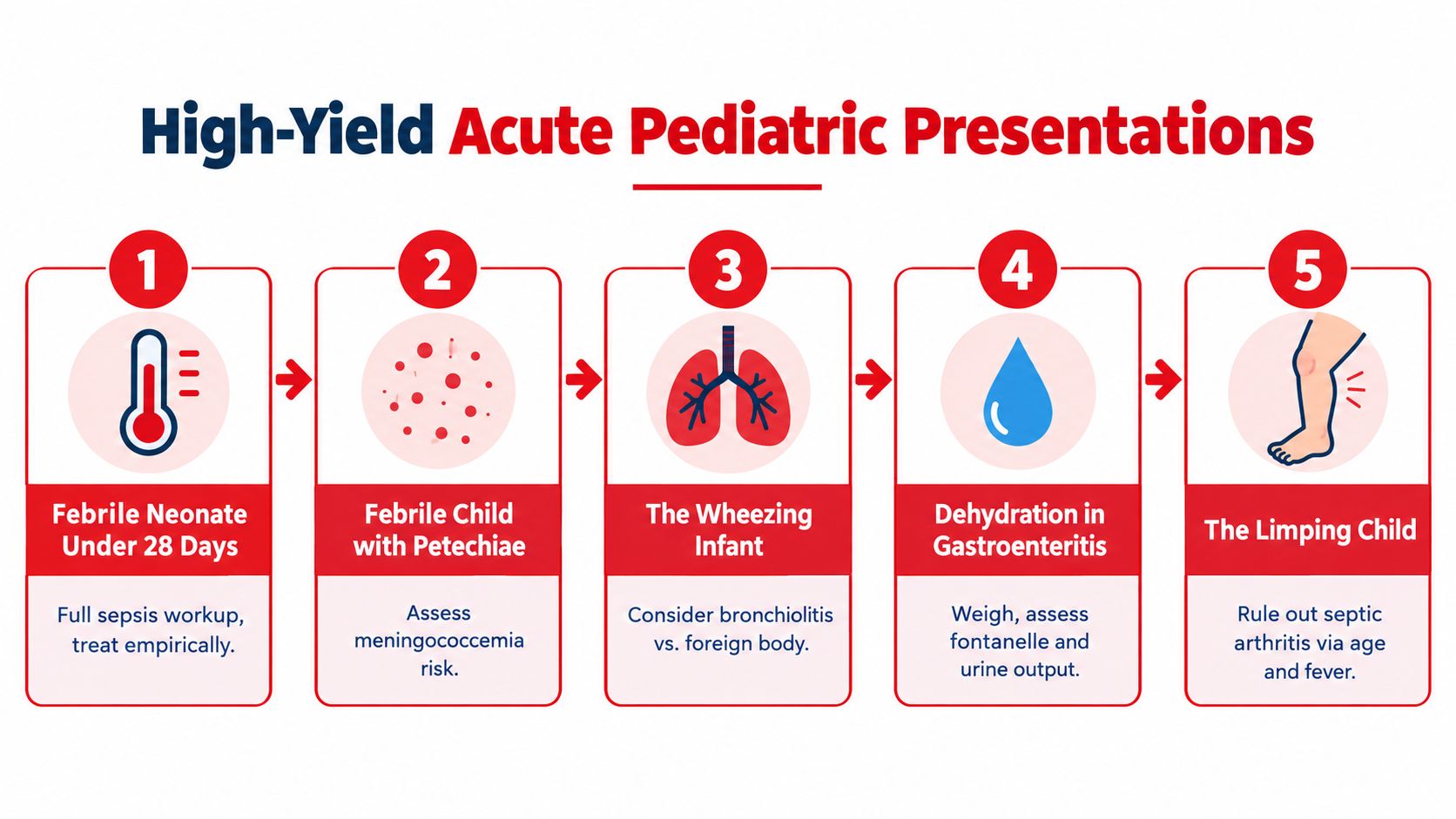 An educational infographic outlining five high-yield, critical acute pediatric presentations for healthcare professionals to assess quickly.