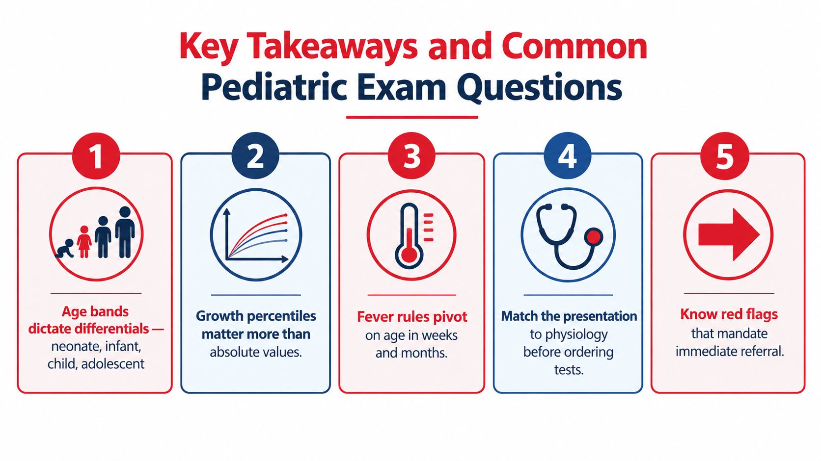 An infographic titled Key Takeaways and Common Pediatric Exam Questions featuring five numbered points for pediatric evaluation.