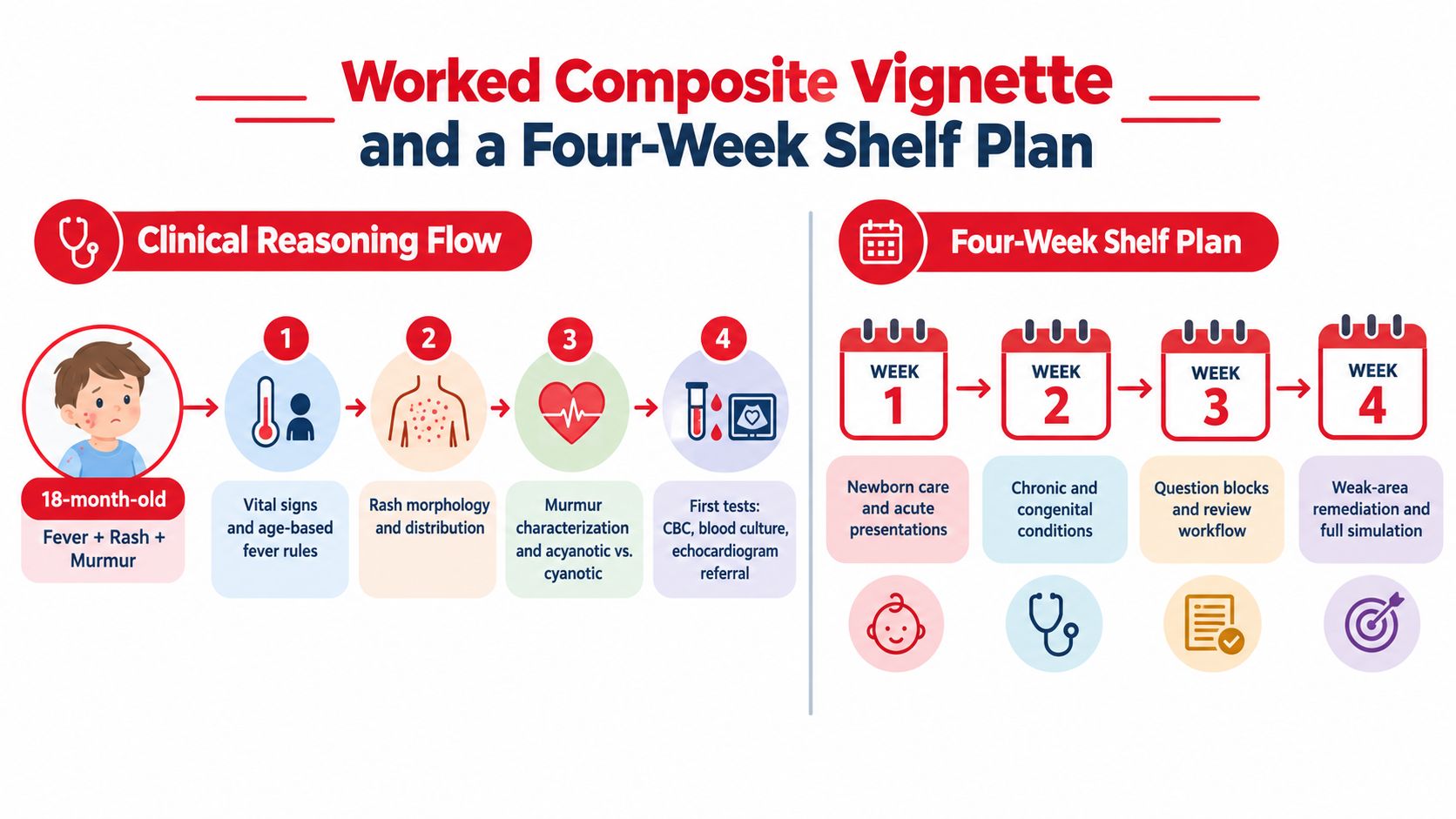 An infographic illustrating a clinical reasoning flow for an 18-month-old patient alongside a four-week study plan for pediatric shelf exams.