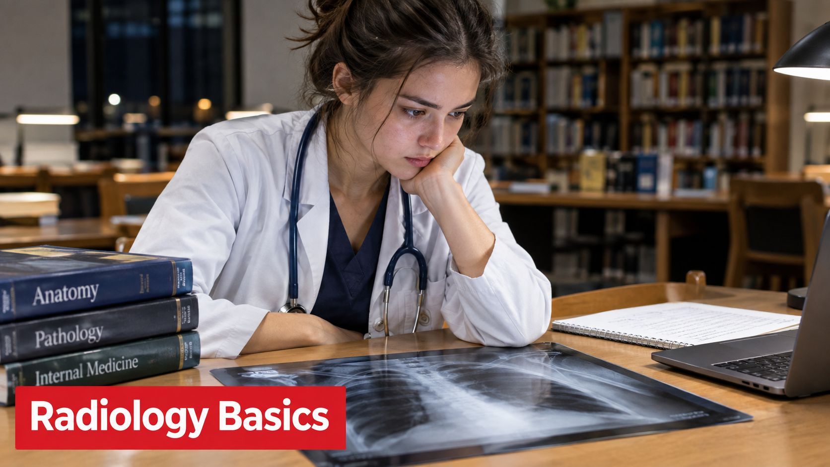 A focused medical student wearing a white coat examines a chest X-ray in a library.