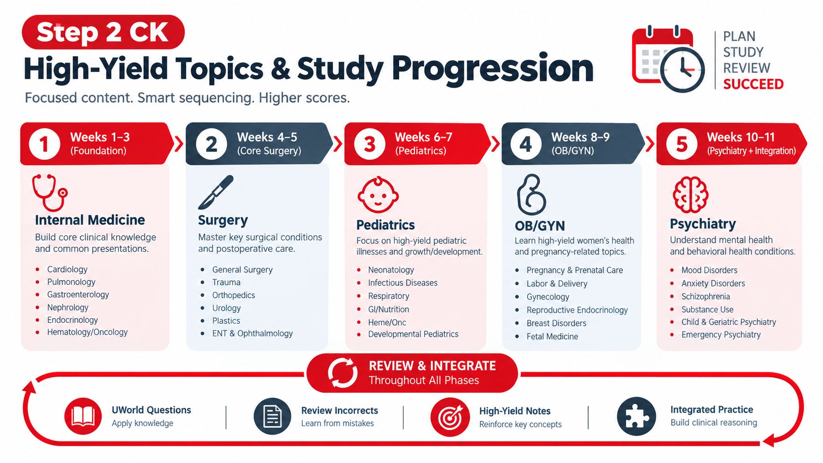 A detailed 11-week study plan infographic for USMLE Step 2 CK preparation across various medical specialties.