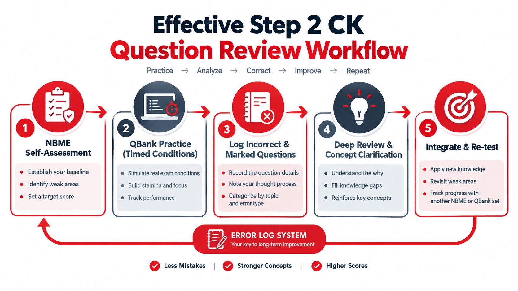 A diagram outlining a five-step process for effectively reviewing USMLE Step 2 CK practice questions.