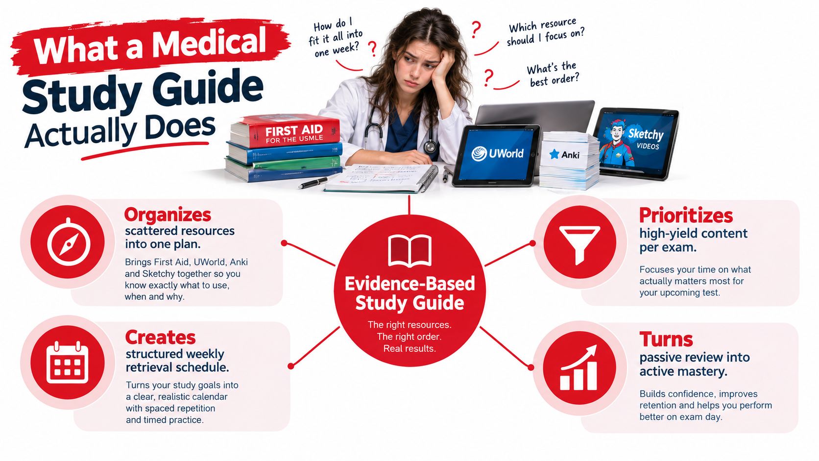 A distressed medical student surrounded by various study resources with a central diagram explaining the benefits of a structured study guide.