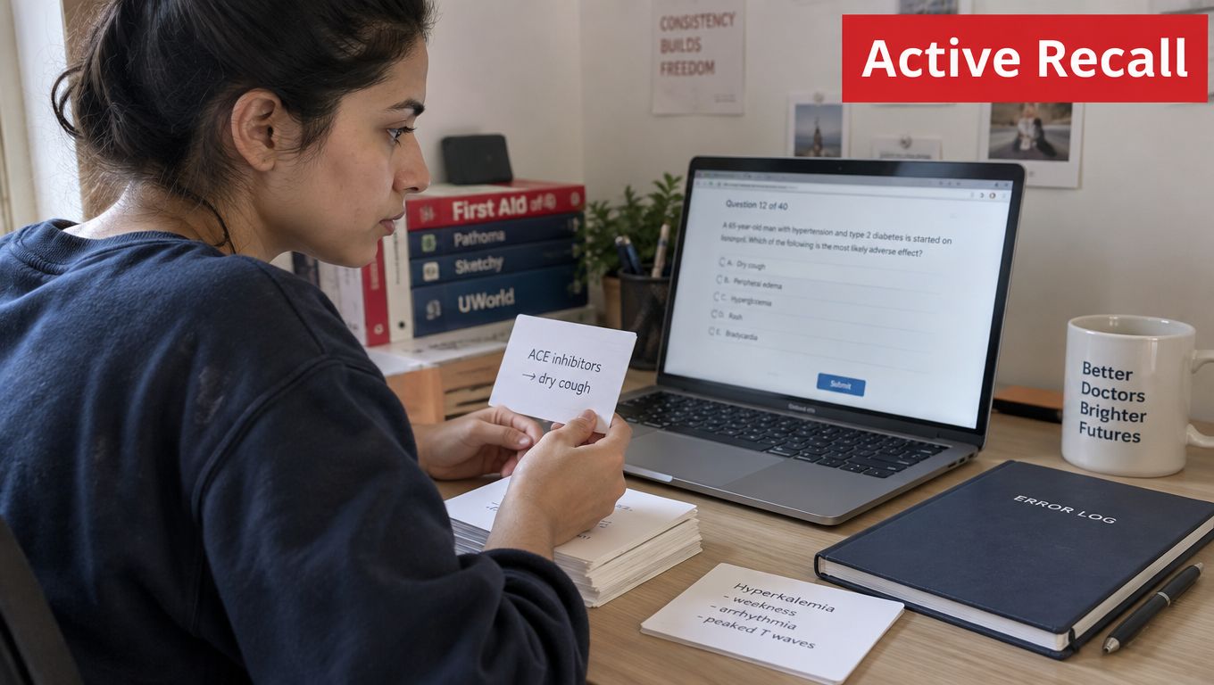 A medical student studying with flashcards and a laptop to improve her study skill strategies.