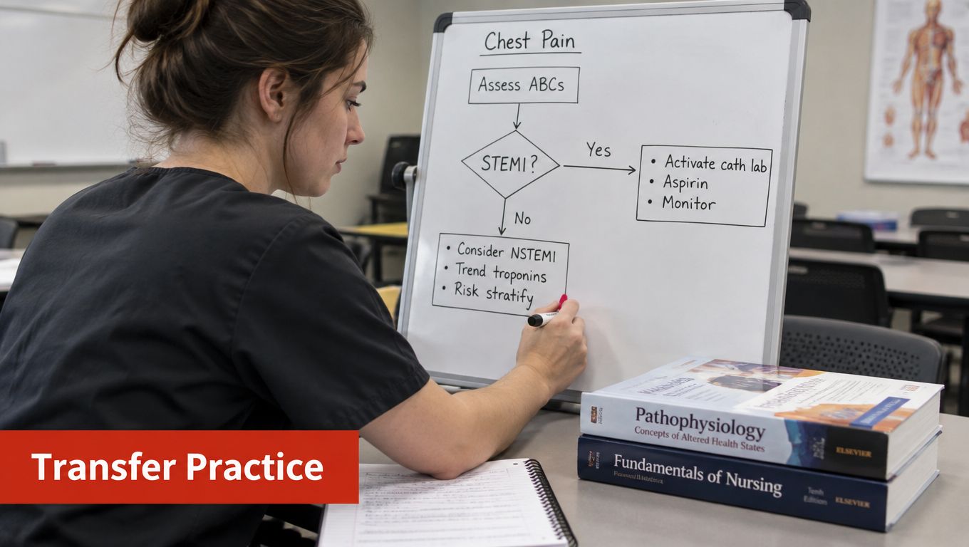 A nursing student writes a flow chart about diagnosing chest pain on a whiteboard while studying.