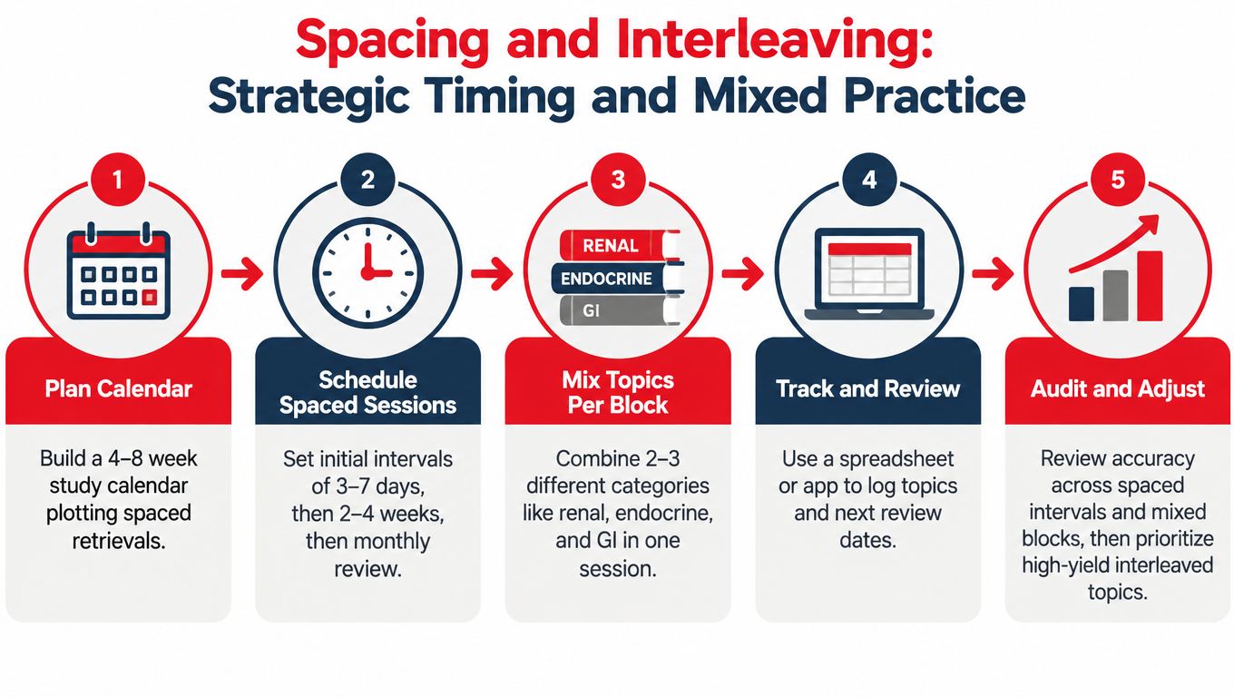 A five-step infographic illustrating a strategic approach to study planning through spacing and interleaving techniques.