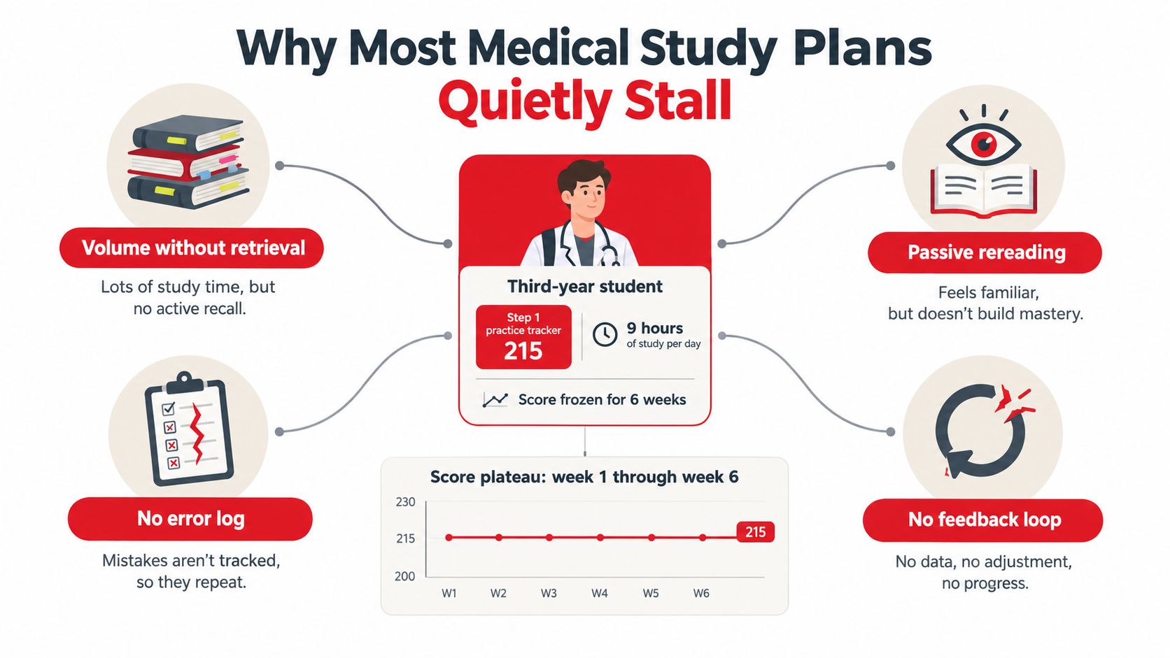 An infographic showing four common reasons why medical student study plans often result in stalled test scores.
