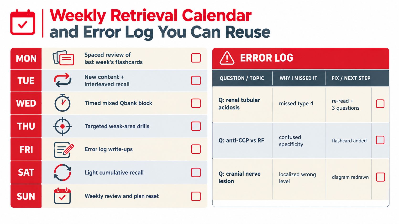 A weekly retrieval calendar and error log chart for students to track study progress and mistakes.