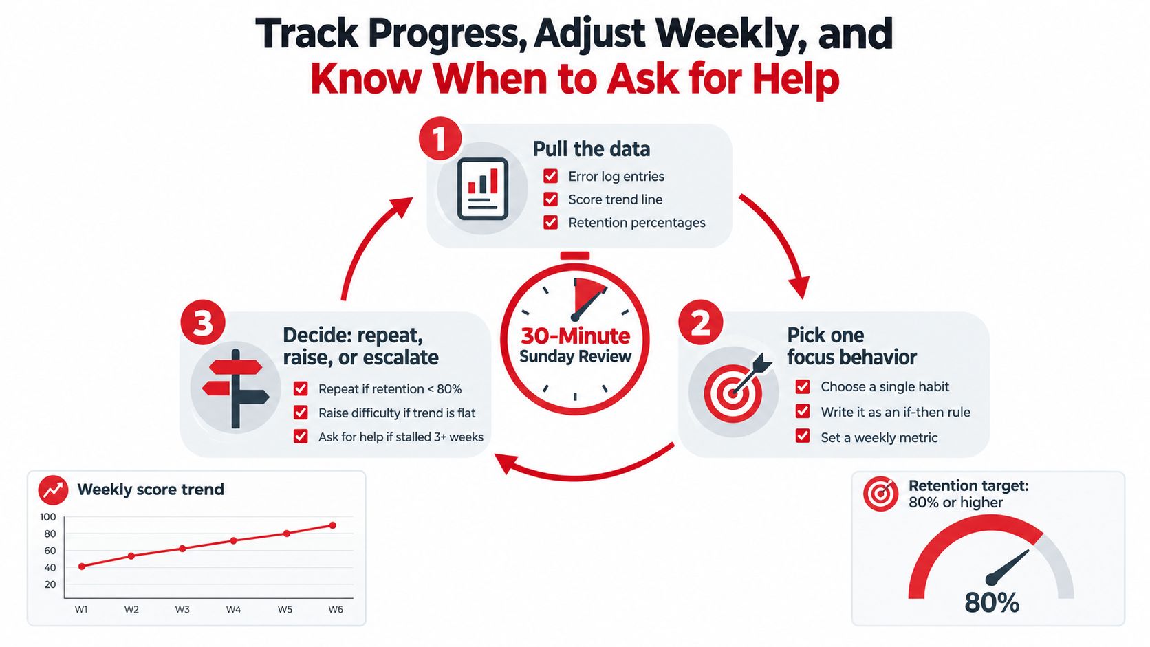 A diagram outlining a three-step weekly review process for tracking progress and adjusting study strategies effectively.
