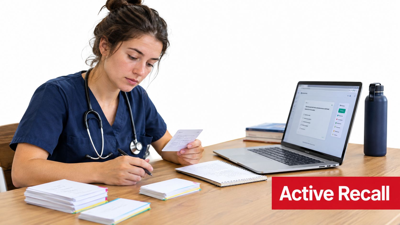 A female medical professional in blue scrubs studying with flashcards and a laptop on a wooden desk.