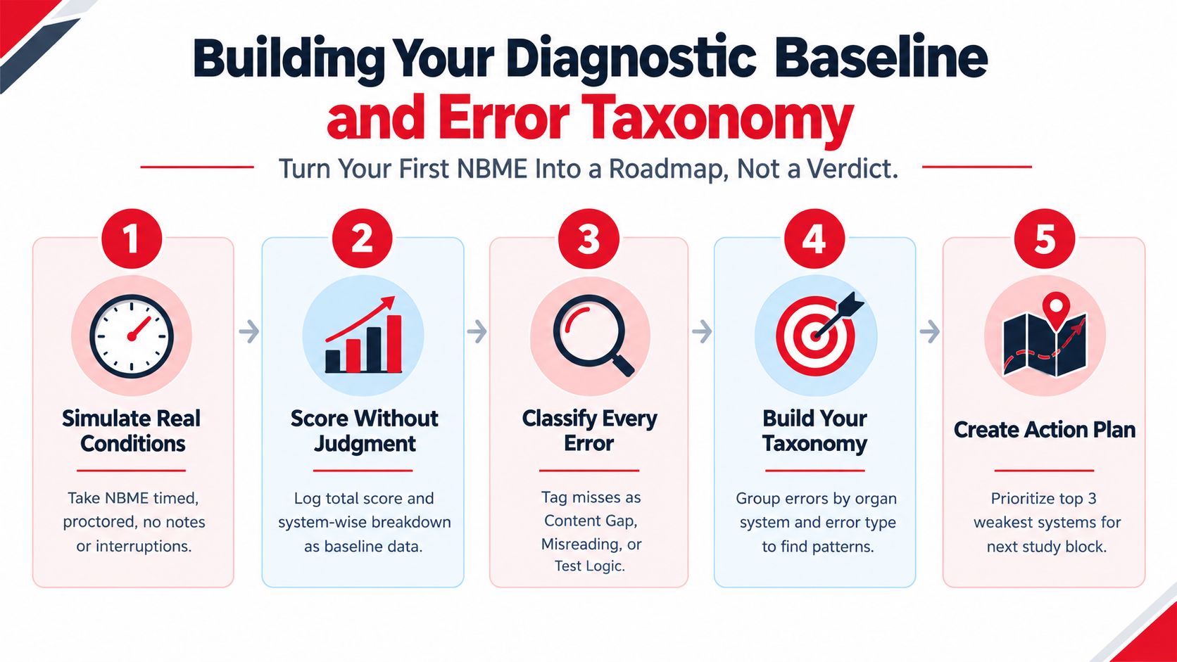 A five-step infographic showing how to build a diagnostic baseline and error taxonomy for study.