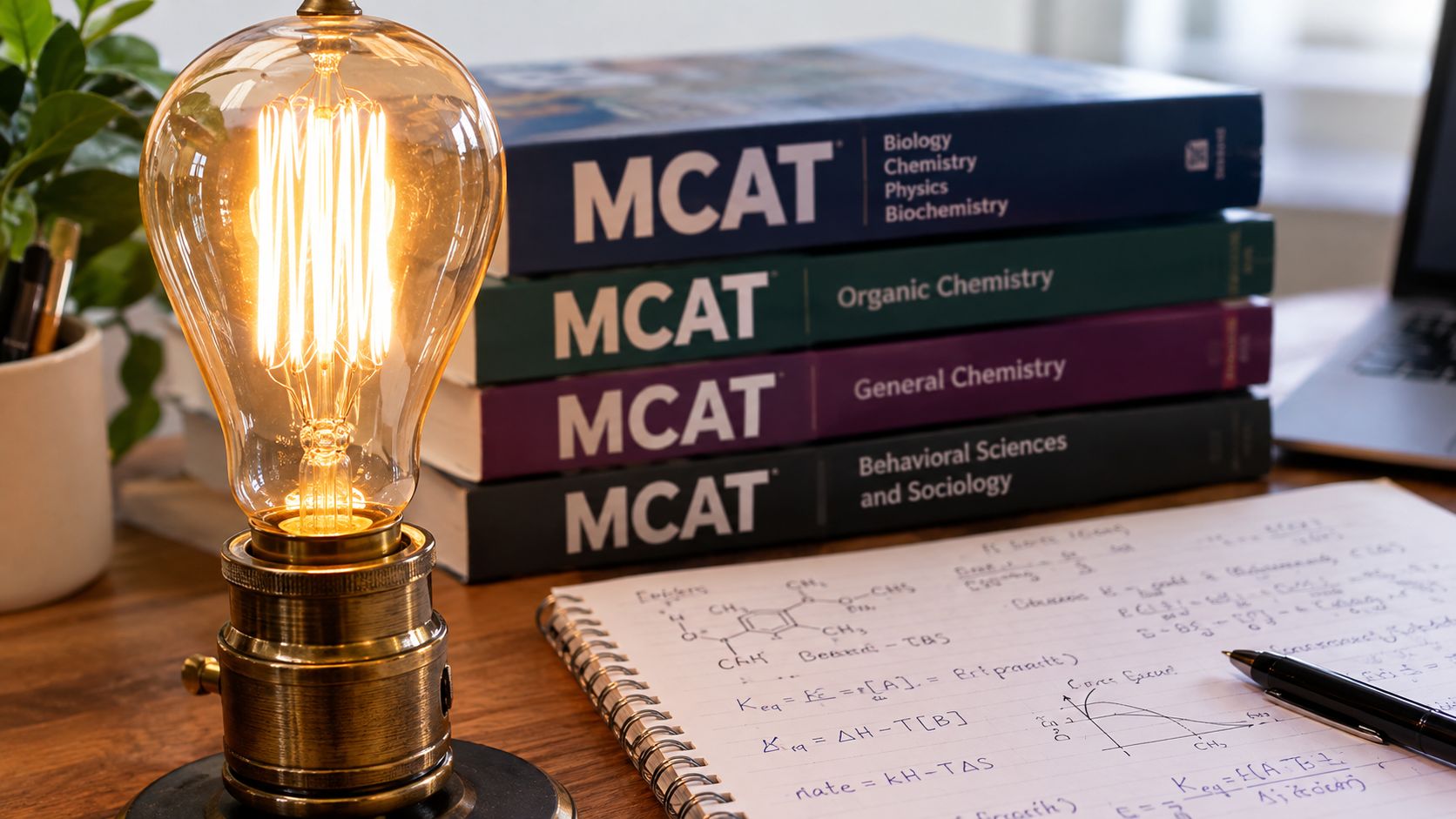 A glowing lightbulb symbolizing an idea, with MCAT formula sheets and study materials blurred in the background.