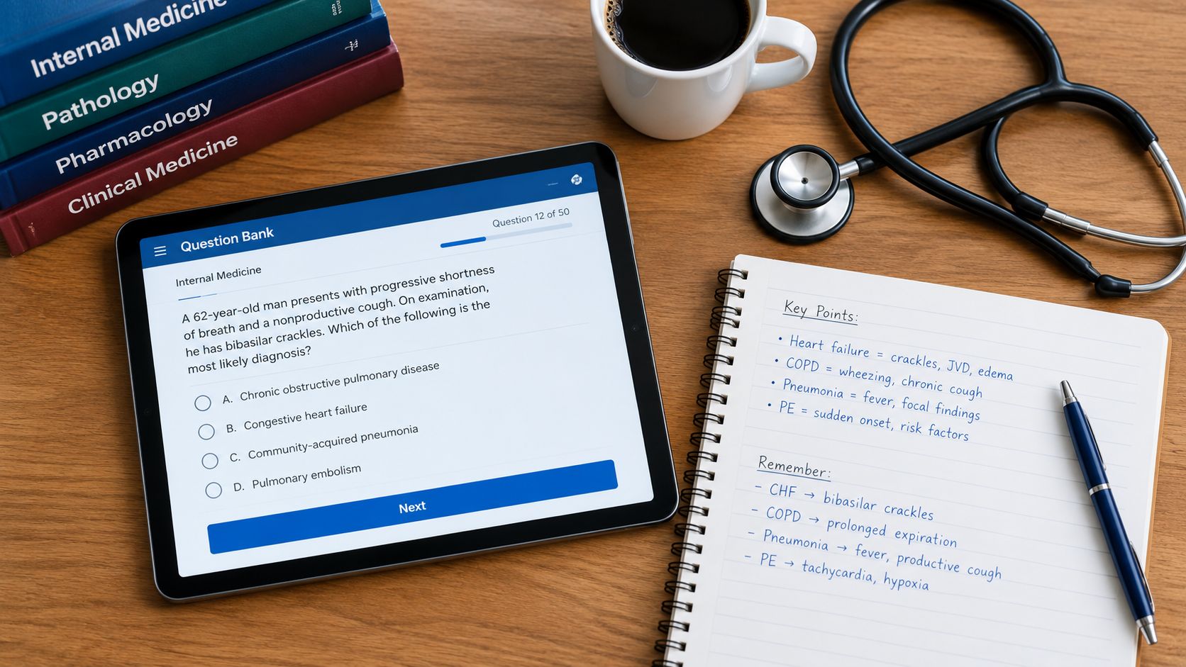 A medical resident's desk showing a tablet with a practice question, representing high-yield resources for USMLE prep.