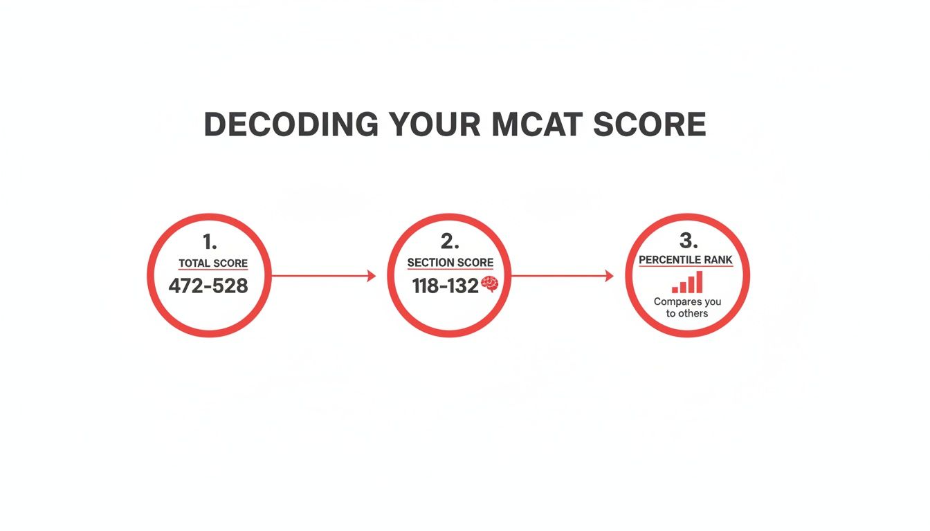 A flowchart decoding MCAT scores, illustrating total scores, section scores, and percentile ranks.