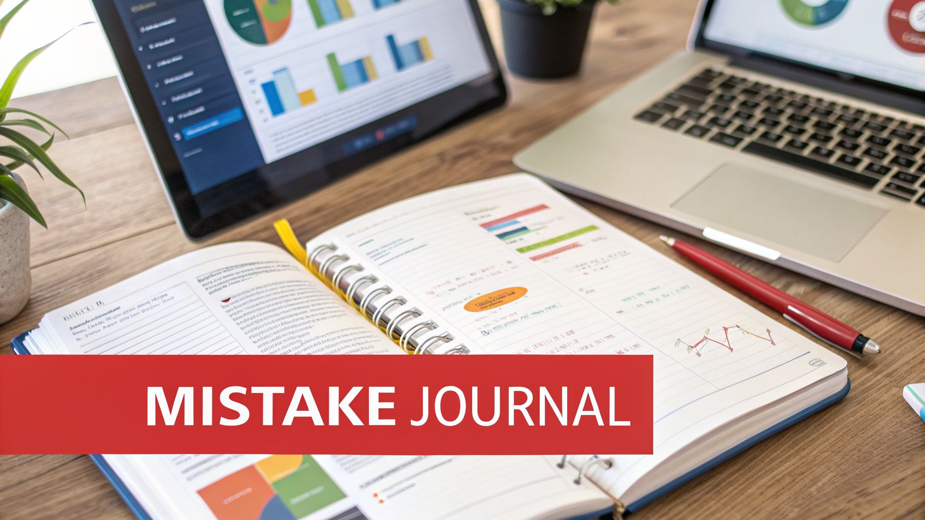 An open 'Mistake Journal' notebook on a wooden desk, surrounded by a laptop, tablet, and a plant.