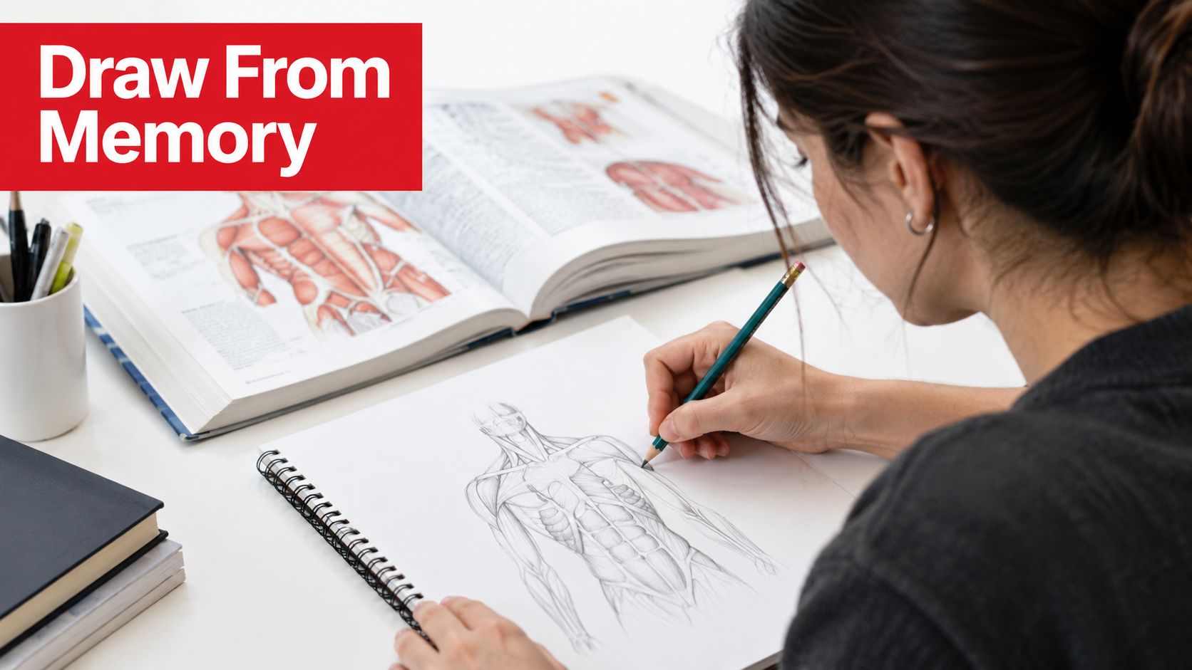 A student practicing active recall by drawing human anatomy from memory into a spiral notebook.