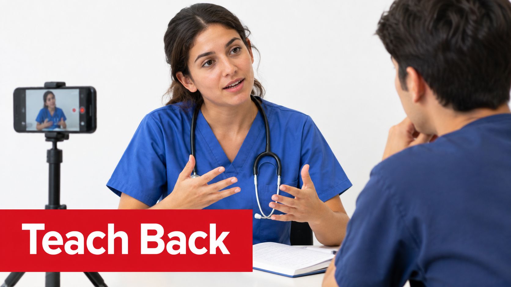 A healthcare professional explaining a medical concept to a student while recording a video for education.