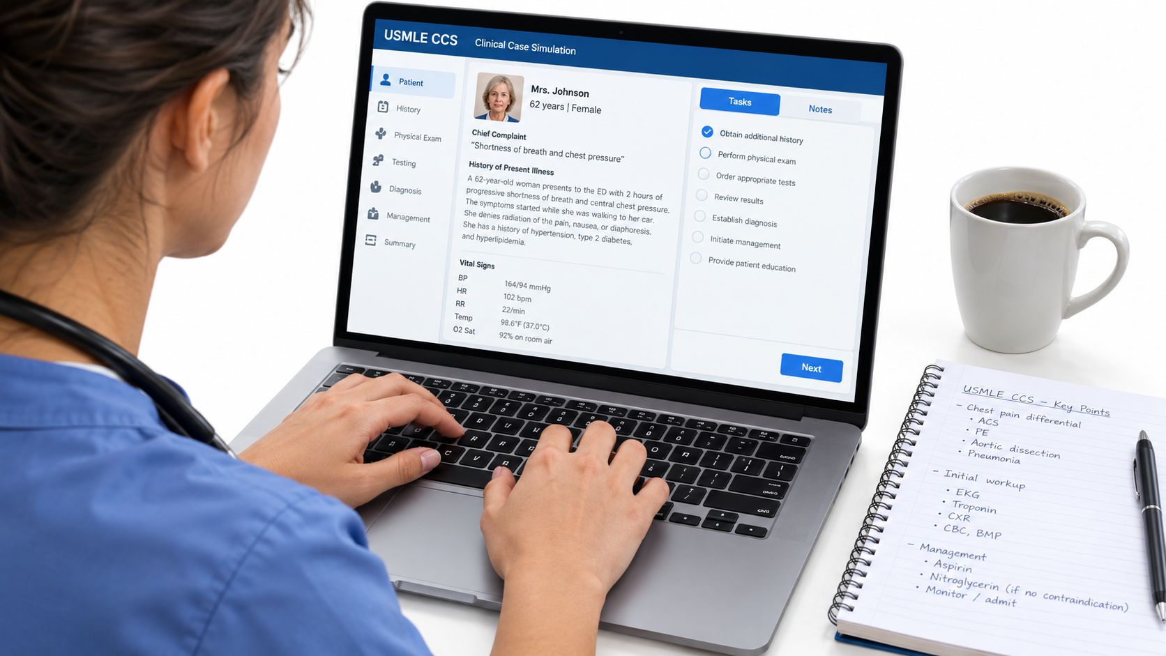 A medical resident practicing for the USMLE Step 3 exam on a laptop showing a CCS case.