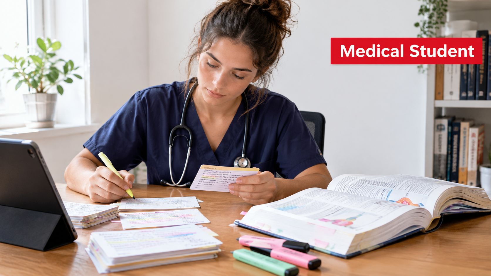 Medical student sitting at a desk reviewing flashcards and textbooks to practice active recall techniques