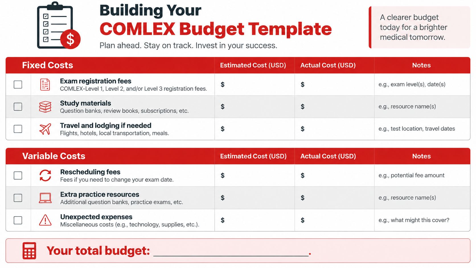 A structured COMLEX budget template for medical students to track exam fees, study materials, and travel costs.