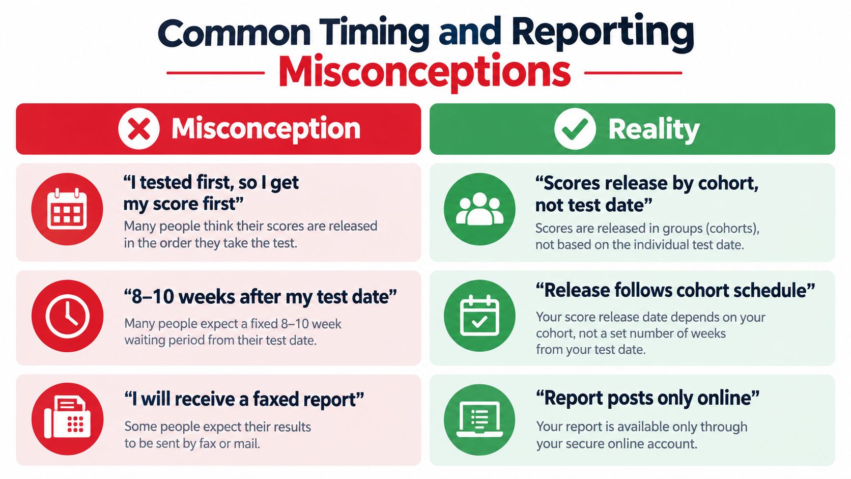 A comparison chart explaining common misconceptions and realities about COMLEX Level 3 score release timing and reporting.