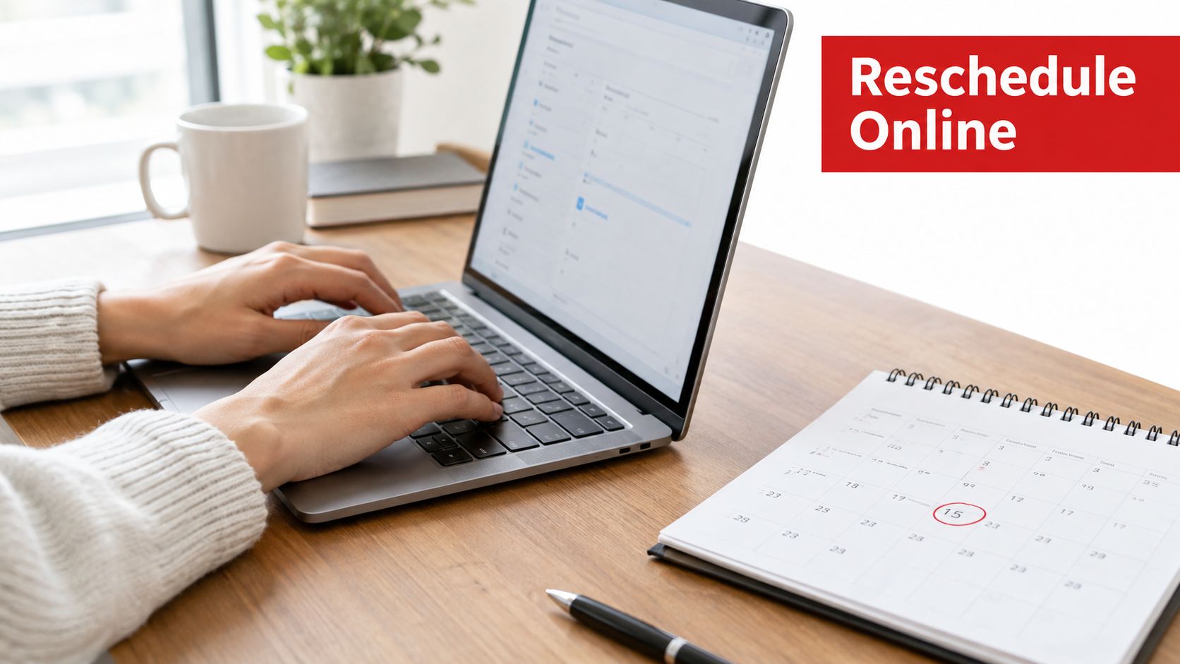 A person using a laptop on a wooden desk next to a calendar with the 15th circled.