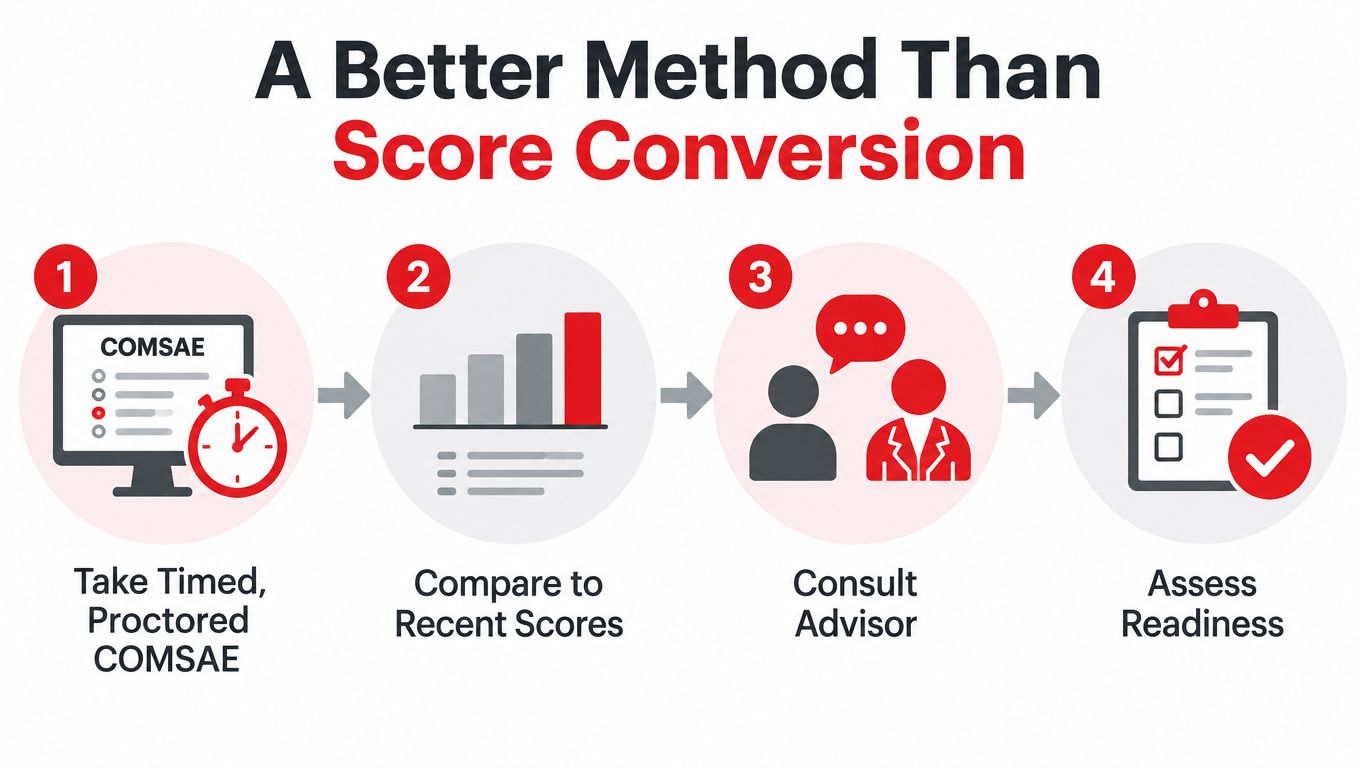 A four-step infographic illustrating a process for assessing readiness instead of simple COMSAE to COMLEX score conversion.