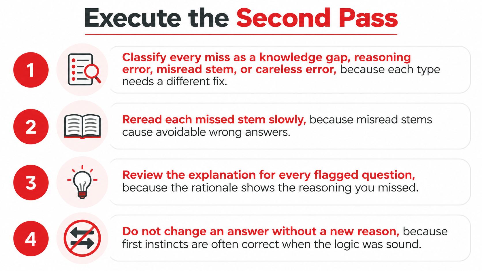 A four-step infographic explaining how to execute a second pass when reviewing practice test questions.